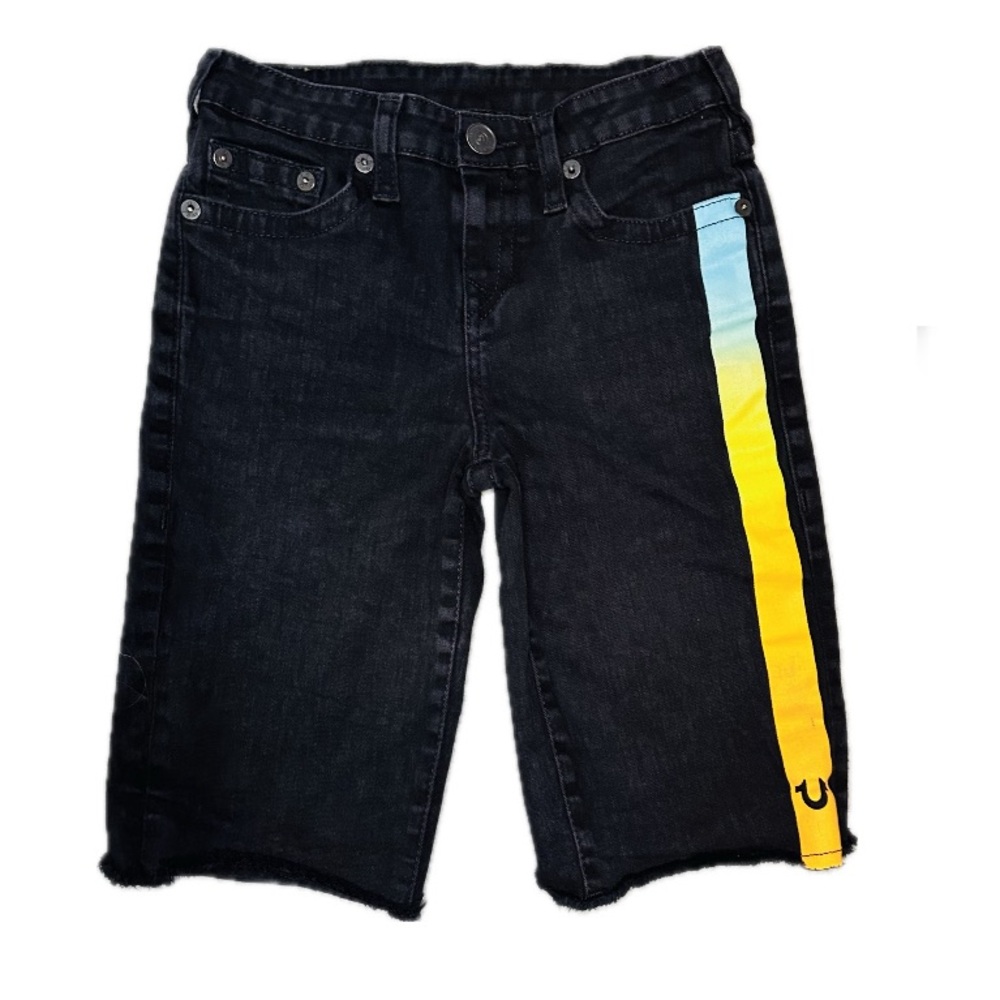True Religion Geno Black cutoff jean  Bermuda shorts side leg color accent sz14